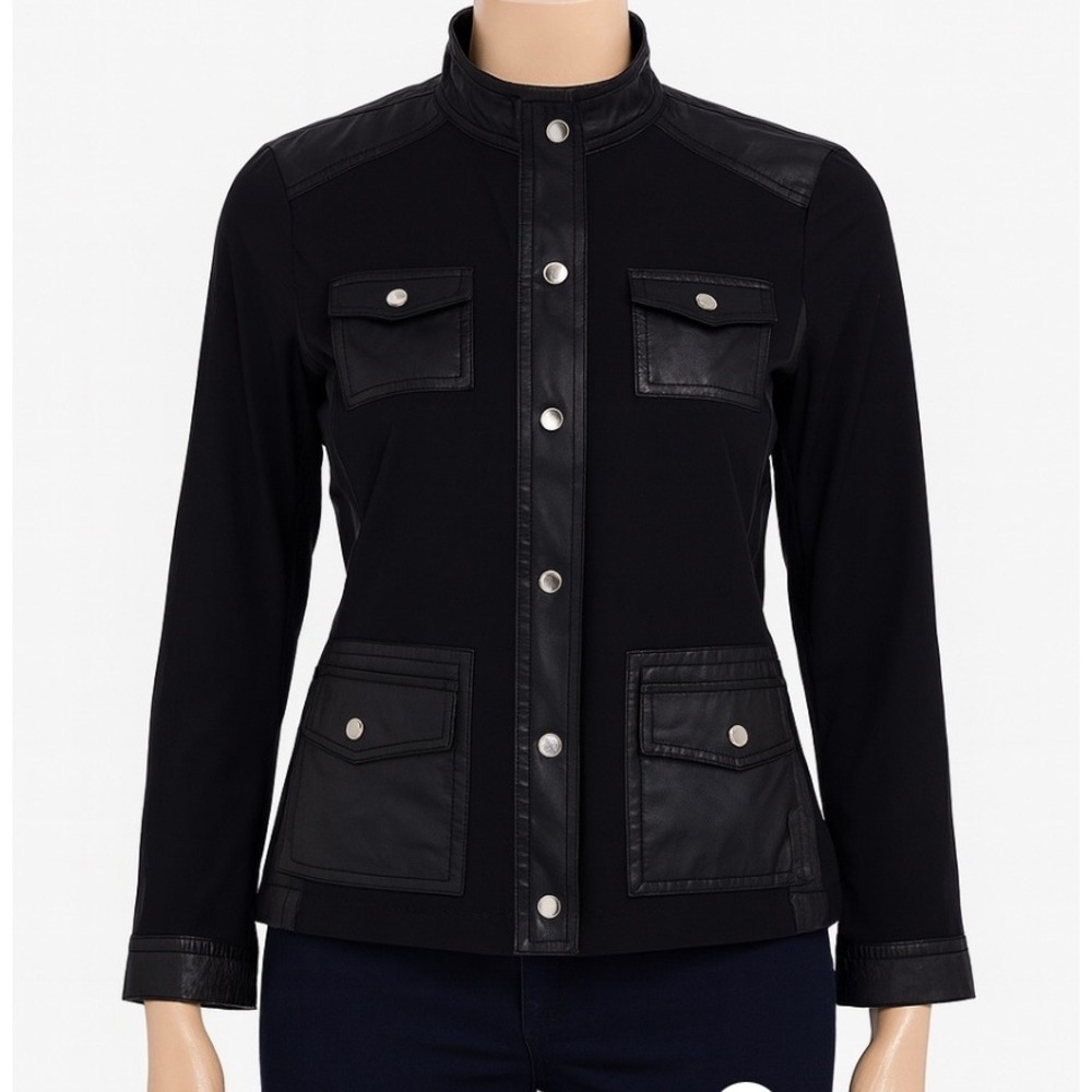 Zenergy by Chicos Jacket Womens M Black Solid Sheen Panel Travel Casual Layering